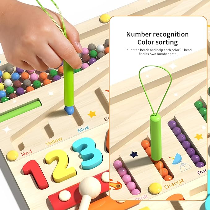 Magnetic Color and Number Maze, Xylophone, Sliding Puzzle & Number Match 4-in-1 Wooden Toy for Kids Montessori Fine Motor Skills Educational Toy for Preschool Learning and Home Play