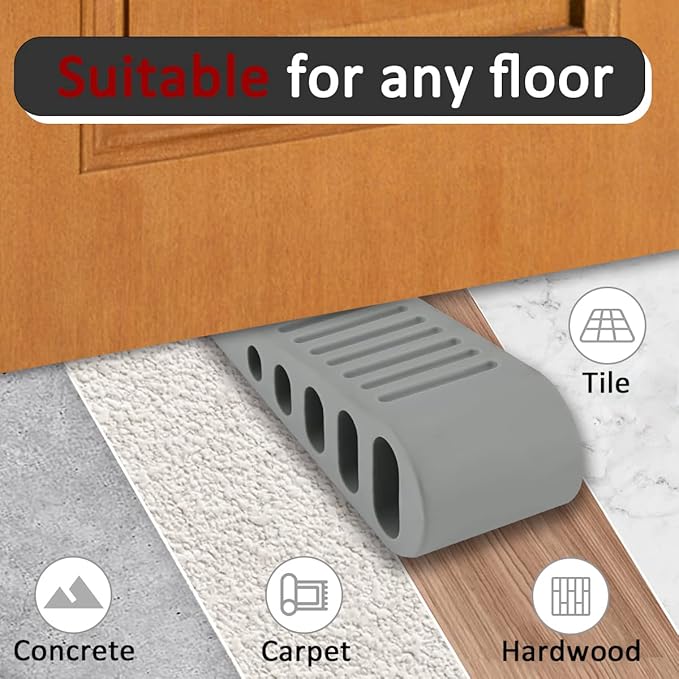 JQK Rubber Door Stopper Wedge, Grey 6 Pack Soft TPR Premium Door Stops for Bottom of Heavy Duty Door on Tile, Concrete, Carpet, Wooden Floor, DSB61-GY-P6