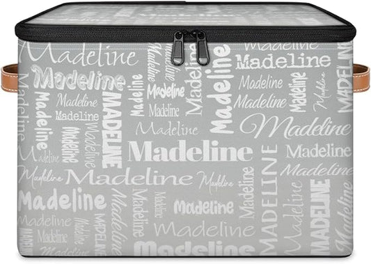 Custom Storage Basket with Name, Personalized Storage Bins with Zipper Lid, Foldable Fabric Storage Box Large capacity with Handle Grey