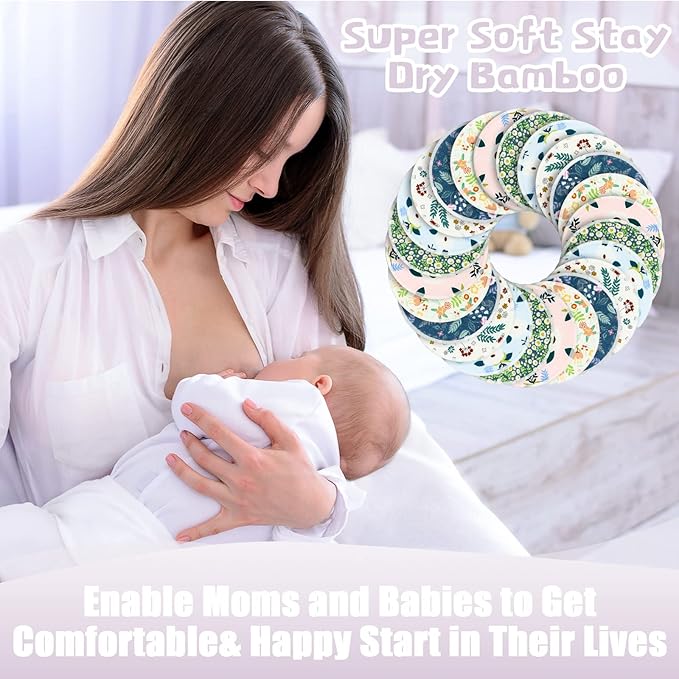 Sosation 30 Pcs Reusable Breast Pads Bamboo Nursing Pads with Wet and Laundry Bag Floral Nipple Favor Breastfeeding Mom Gift(Fresh Pattern)