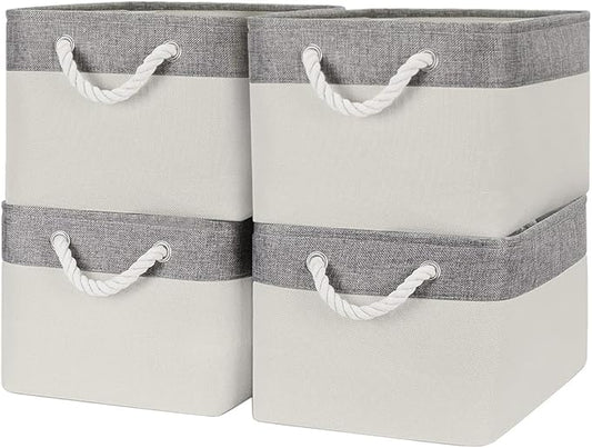 Organization and Storage Bins for Shelves - Large 4 Pack 16x12x8 inch Collapsible Storage Basket for Organizing, Fabric Storage Cubes for Box Closet Cloth Toy Nursery Books Kids (Grey & White)