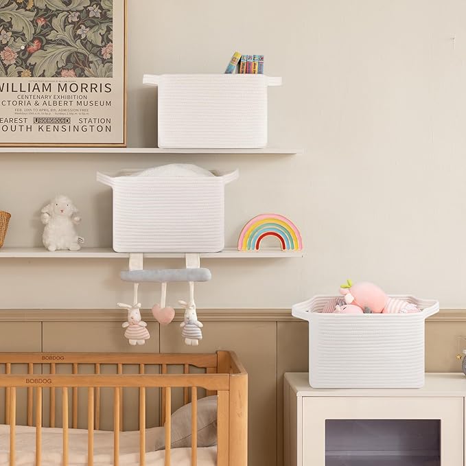 Storage Baskets for Organizing, Decorative Woven Baskets for Shelves, Cotton Rope Storage Cube Bins for Toys, Books, and Towels-13''Lx10''Wx8.6''H-3 Packs, White