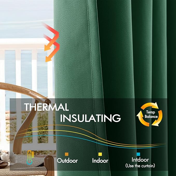 ANRODUO Back Tab Blackout Curtains for Bedroom Living Room, Rod Pocket Pinch Pleated Thermal Insulated Room Darkening Curtains 96 Inches Long 2 Panels, Hunter Green, 42 x 96 Inch