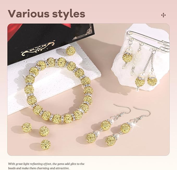 105pcs 10mm Rhinestone Beads for Jewelry Making, Light Yellow Shiny Round Disco Beads Bulk, Sparkle Crystal Clay Christmas for Bracelet Baseball Necklace Earring Crafting and DIY