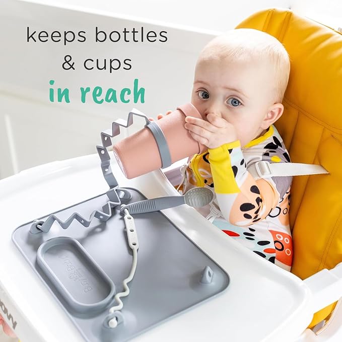 Busy Baby Bottle Bungee - Sippy Cup Strap - Keeps Bottles and Sippy Cups Off The Floor - Food Grade Silicone - Dishwasher Safe (Tan)
