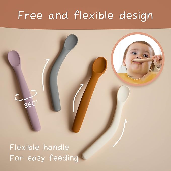 Moonkie Silicone Baby Spoons Set of 4, Two Sizes Feeding Spoon for First Stage 4+ Months, Baby Utensils, Toddler Led Weaning Spoons, Bendable, Chewproof & Boil-proof(Without Case)