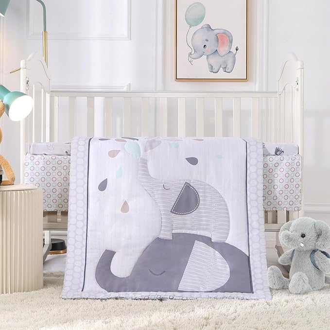 Wowelife Elephant Crib Bedding Set for Boys, Premium 3-Piece Baby Bedding Set, Elephant, Gray Crib Bed Sets, Newborn, Infant, Nursery Bed Set with Crib Sheet, Ruffle Comforter