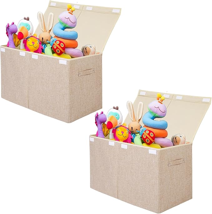 popoly 2 Pack Large Toy Box Chest Storage with Flip-Top Lid, Sturdy Kids Toy Storage Bin Boxes Container for Boys, Girls, Nursery, Closet, Bedroom, Playroom 25"x13" x16"(Linen Beige)