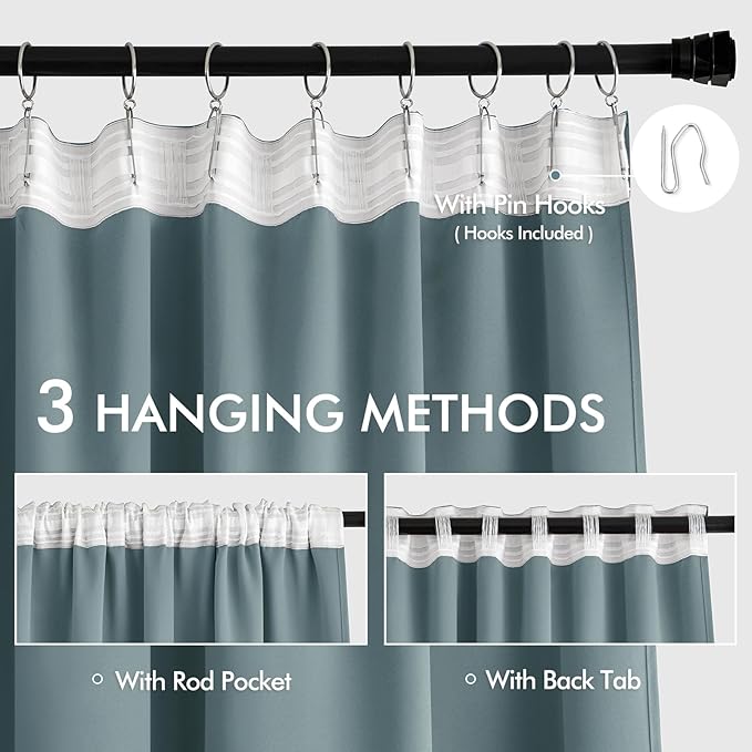 MIULEE Greyish Blue Back Tab Blackout Curtain 96 Inch Long 2 Panels Set for Bedroom, Rod Pocket/Pinch Pleat Thermal Insulated Living Room Darkening Pleated Light Blocking Floor to Ceiling Drape