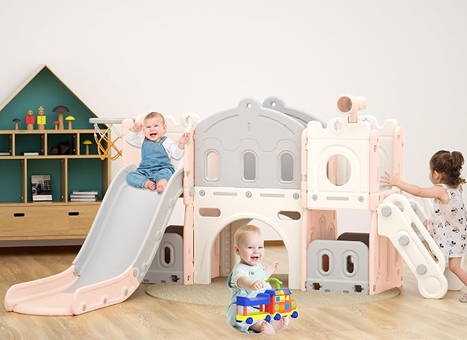 XJD 7 in 1 Toddler Slide Set, Kids Slide for Toddlers Age 1+, Toddler Climber Slide PlaySet with Basketball Hoop and Ball,Outdoor Indoor Playground for Toddlers 1-3 (Pink)