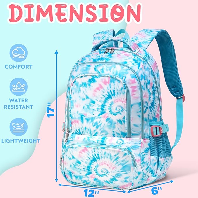 BLUEFAIRY Kids Backpack for Girls Elementary Primary Middle School Bags for Aged 8-10 for Teens Childs Bookbags Back to School Book Bags Mochilas para Niñas de 6 7 8 9 10 Años Tie-dye Blue