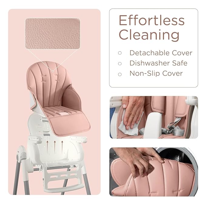 KÜB 3-in-1 Foldable Baby High Chair, 7 Height & 4 Recline Adjustable Seat & Tray for Easy Clean, 2 Locking Wheels, Multifunctional Infant High Chairs for Babies and Toddlers (Pink, with Toys)