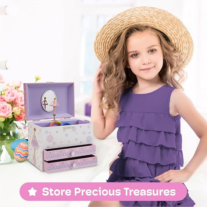 Jewelkeeper Jewelry Box for Girls with Ballerina and Music Box - Dual Drawers and Spacious Storage - Swan Lake Tune - White and Purple Jewelry Keepsake Chest - 6 x 6.75 x 5.25 Inches