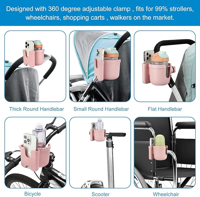 Accmor Stroller Cup Holder with Phone Holder, Bike Cup Holder, Universal Cup Holder for Uppababy Nuna Doona Strollers, 2-in-1 Cup Phone Holder for Stroller, Bike, Wheelchair, Walker, Scooter
