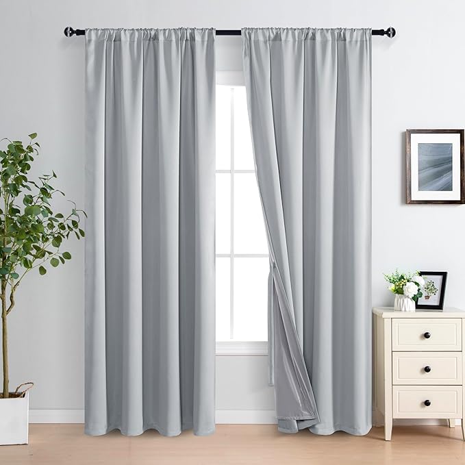 XWZO 100% Blackout Curtains with Tiebacks- 2 Thick Layers Completely Shaded Window Treatment Thermal Insulated Lined Drapes for Bedroom/Laundry, Rod Pocket, Light Grey, W52 x L84, Set of 2 Panels