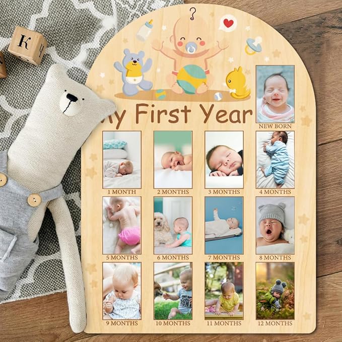 ORIGACH My First Year Baby Growth Photo Display Wood Board - 12 Months Newborn Milestones Photo Board - Neutral Baby Keepsake Frame 1st Birthday Party Nursery Decor New Mom Gift - Baby Bear & Duck