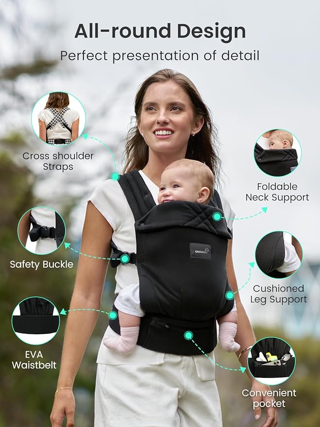 GROWNSY Baby Carrier Newborns to Toddlers, Ergonomic Baby Toddler Carrier Slings Wraps with Head Support, Easy to Wear,Infant Carrier Baby Gift,Travel and Hiking Friendly, for Babies 7 to 44 lb(Black)