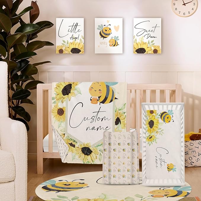 Personalized Baby Crib Bedding Set for Baby Girls, Yellow Bee Pattern Custom Name Baby Crib Sets 5-Pcs, Toddler Double Layer Blanket Fitted Sheets Changing Pad Cover Rug Wall Art Set