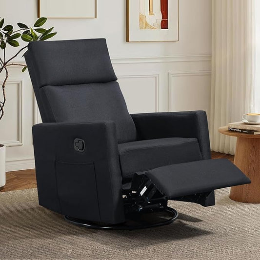Swivel Rocker Recliner Chair, Upholstered Fabric Nursery Rocking Glider Chair with Adjustable Backrest and Footrest, Lay Flat Recliner Single Lazy Sofa for Living Room, Black