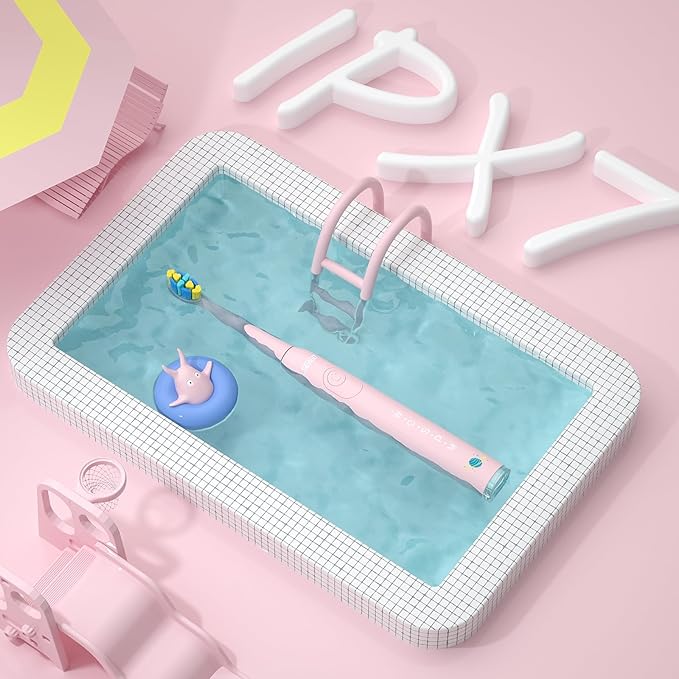 SEAGO Kids Electric Toothbrush, Rechargeable Sonic Soft Bristle Toothbrushes with 8 Brush Heads, DIY Stickers and 5 Modes, Ideal for Kids and Children, Ages 3–12,SG2303(Pink)