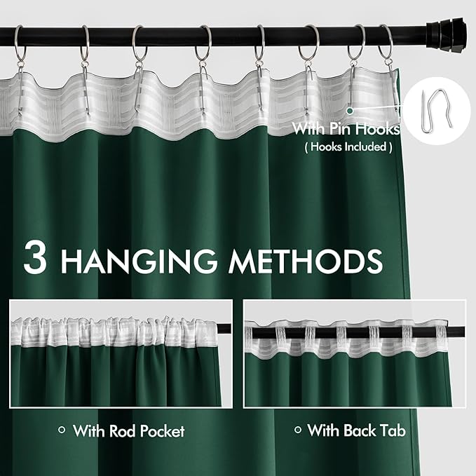 MIULEE Hunter Green Back Tab Blackout Curtains 90 Inches Long 2 Panels Set for Living Room Bedroom, Rod Pocket/Pinch Pleat Thermal Insulated Room Darkening Pleated Light Blocking Drapes