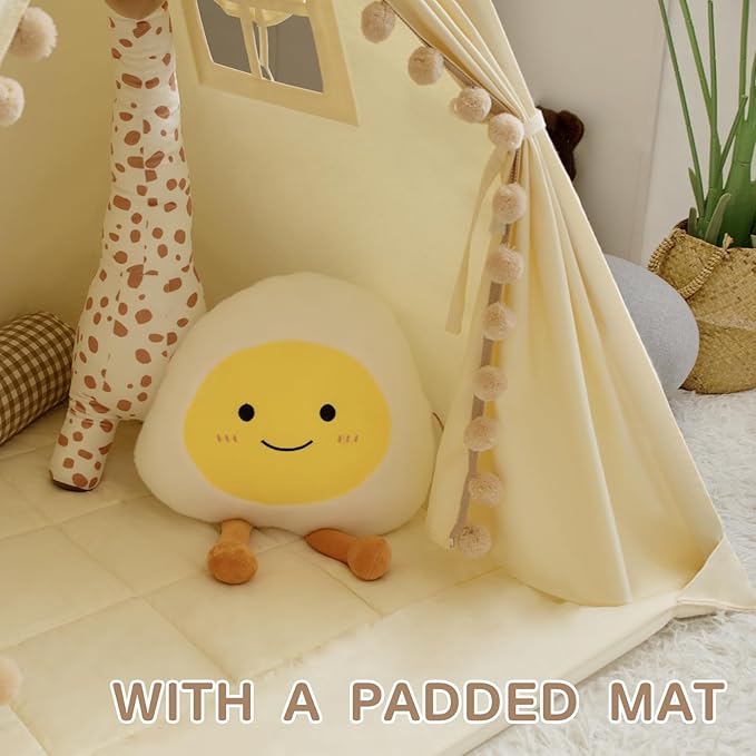 Teepee Tent for Kids with Padded Mat Cotton Canvas Kids Teepee with Pompom for Toddlers Indoor Play Tent for Girls Boys with Stars Lights, Carry Bag, Banner Flag (Cream)