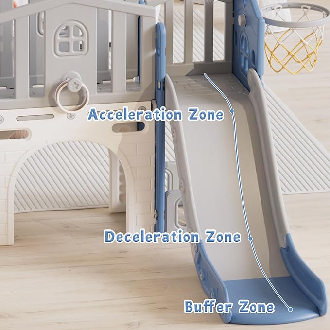 8 in 1 Toddler Slide Set, Kids Slide for Toddlers Age 1-3, Toddler Climber Slide PlaySet with Basketball Hoop and Ball, Outdoor Indoor Kids Playground for Toddlers 1-3, Blue Grey