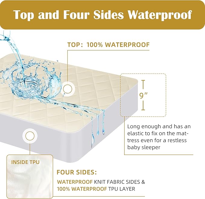 Lofe Organic Cotton Crib Mattress Protector - Top&Side Waterproof, 100% Waterproof Crib Mattress Protector, Breathable Baby Crib Mattress Cover, Toddler Crib Mattress Fitted 52x28x9 in