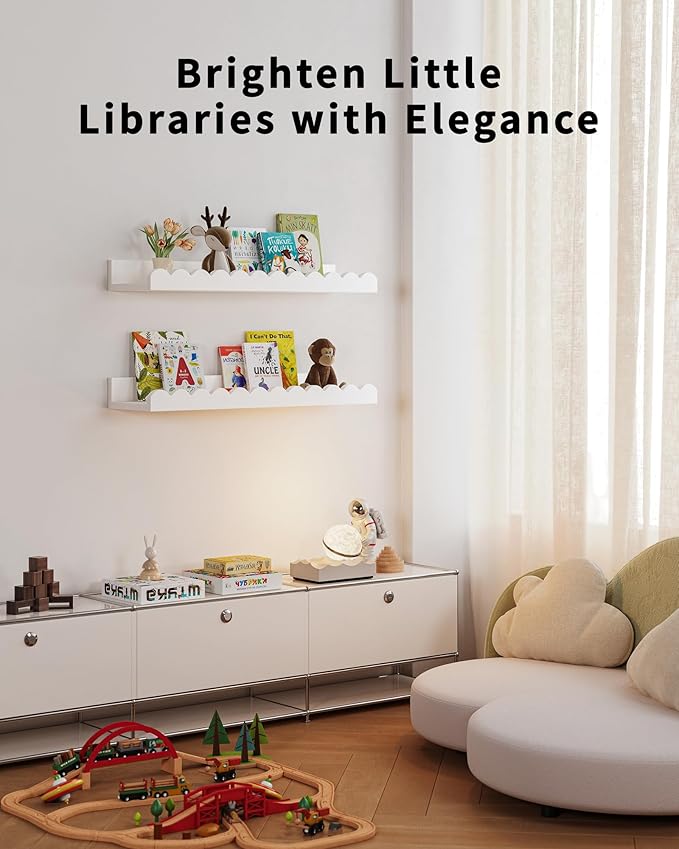 Nursery Book Shelves, 4-Pack White Floating Shelves for Wall Kids, Scalloped Shelves, Wall Book Shelves for Bedroom Kids, Toddler Room, Baby Room, Nursery Decor