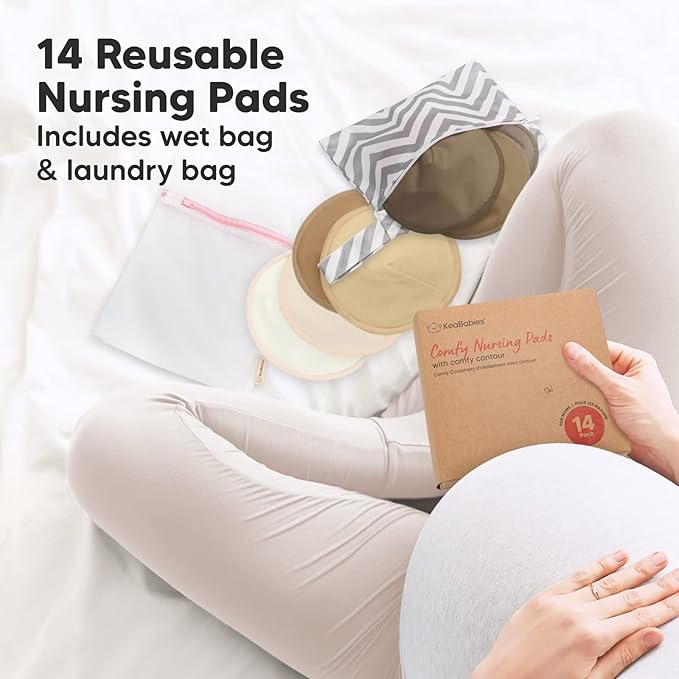 Organic Nursing Pads - 14 Washable Viscose Derived from Bamboo Breastfeeding Pads, Wash Bag, Reusable Breast Pads for Breastfeeding, Nipple Pads for Breastfeeding Essentials(Coffee, M 3.9")