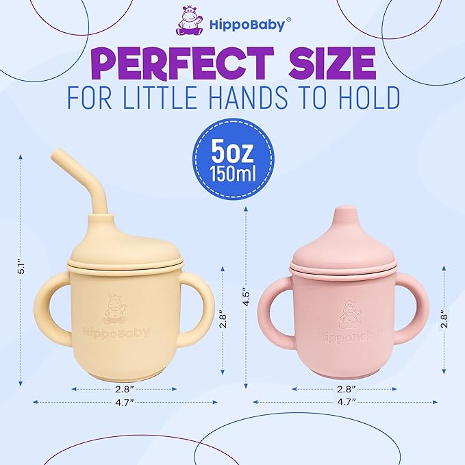 Silicone Transition Sippy Cup for 6+ month old | Includes 1 Toddler straw cup & 1 Baby Sippy Cup with Handles 5 oz | Perfect for Baby Led Weaning (Cream/Rose Quartz, 5 oz)