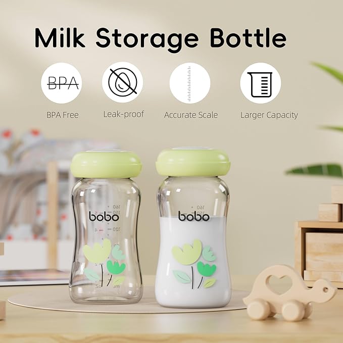 YOHKOH Breast Milk Storage Bottles - Wide Neck Glass Breastmilk Storage Bottles with Lids, BPA-Free (Green, 5.4oz (Pack of 6))