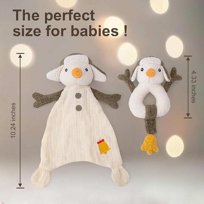Organic Cotton Stuffed Animal Rattle Baby Toys, Plush Snowman Cuddle Cloth and Hand Grip Ring Rattles Plush Toy Set for Newborns Infant Boys Girls, 2 PCS