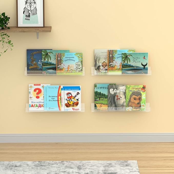NIUBEE 24" Premium Acrylic Floating Nursery Kids Bookshelf Wall Ledge Shelf, Clear Invisible Spice Rack Bathroom Storage Shelves Display Organizer, 50% Thicker with Screwdriver, Set of 4