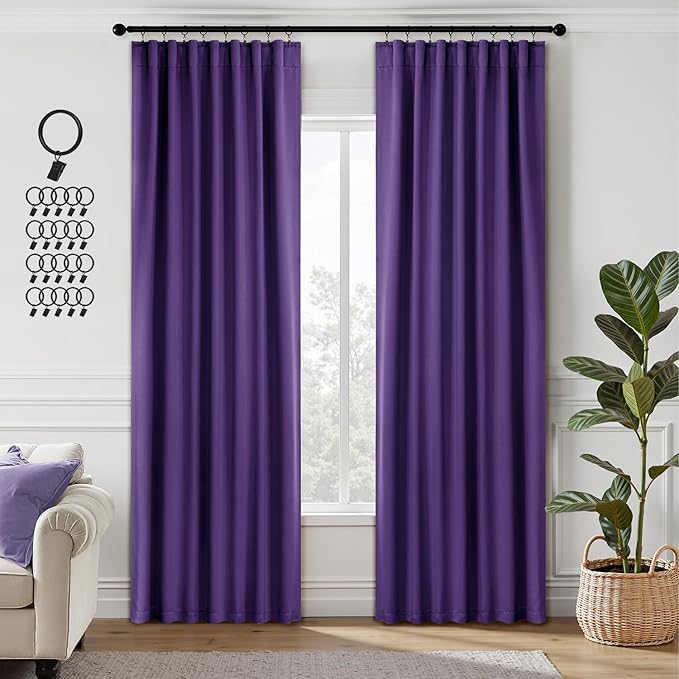ANRODUO Back Tab Blackout Curtains for Bedroom Living Room, Rod Pocket Pinch Pleated Thermal Insulated Room Darkening Curtains 90 Inches Long 2 Panels, Purple, 42 x 90 Inch