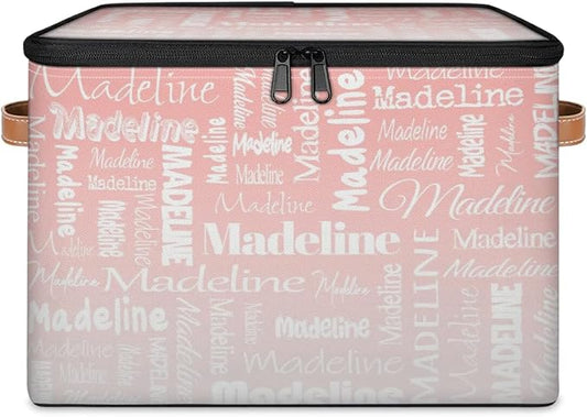Custom Storage Basket with Name, Personalized Storage Bins with Zipper Lid, Foldable Fabric Storage Box Large capacity with Handle Pink White