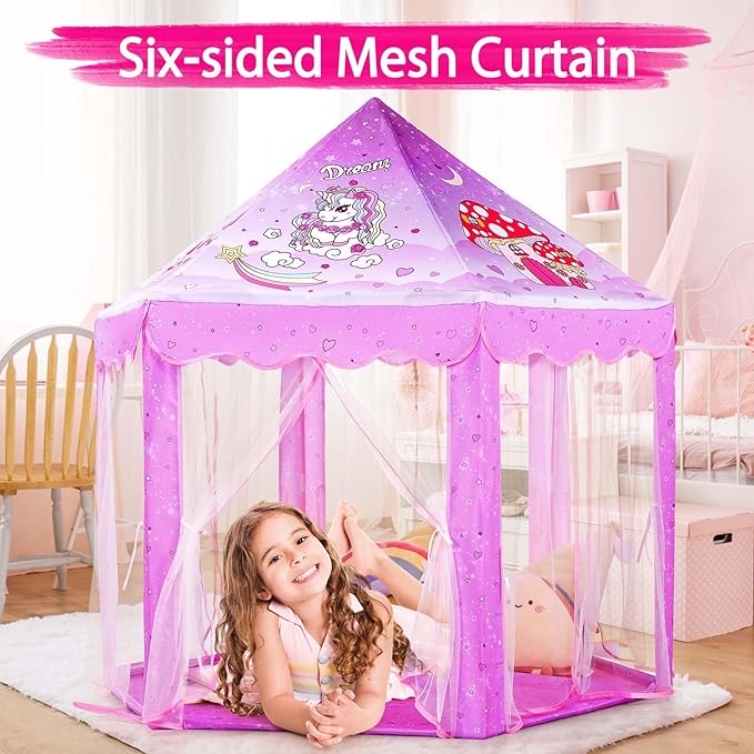 Monobeach Princess Tent Girls Unicorn Large Playhouse Kids Castle Play Tent with Star Lights Gift Toy for Children Indoor and Outdoor Games, 55'' x 53'' (DxH)