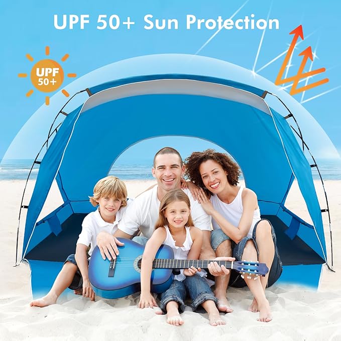 Beach Tent, Portable Sun Shelter for 2/3/4/6-8 Person with UPF 50+ UV Protection, Easy Setup Waterproof Beach Shade Canopy Cabana for Family Outdoor and Picnics, Fishing with Carrying Bag