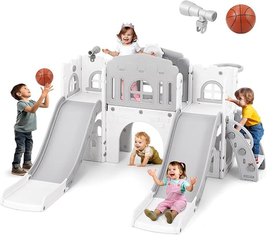 JOYLDIAS 9 in 1 Toddler Slide, Toddler Playground with Double Slides, Climber,Basketball Hoop,Tunnel, Telescope, Storage Space and Non-Slip Step, Indoor Outdoor Backyard Playset for Toddlers Age 1-3+