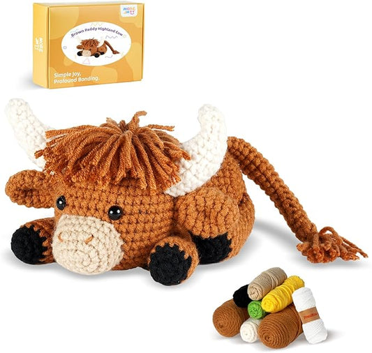 Crochet Kit for Beginners, Learn to Crochet, Include Easy Knitting Soft Yarn, Step-by-Step Video Tutorial, Hook, Holiday Birthday Gift for Adults and Kids(Highland Cow)