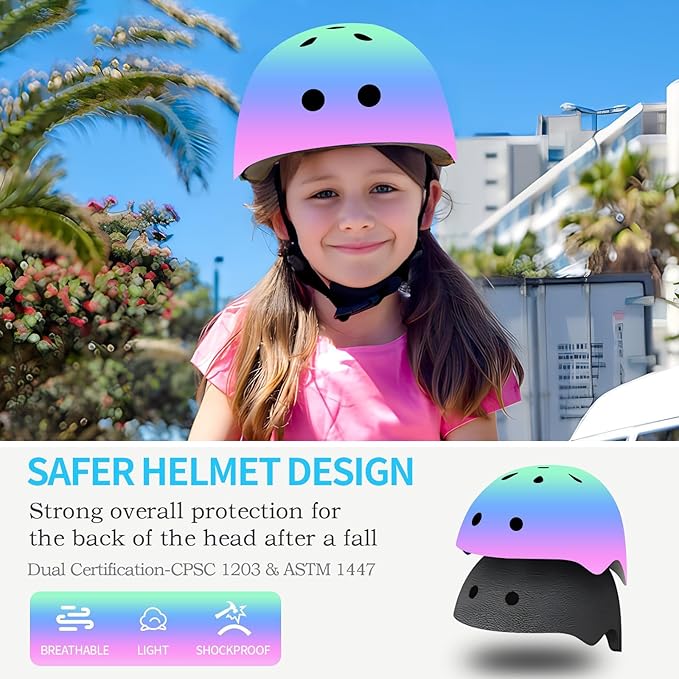 Adjustable Kids Bike Helmet with Knee & Elbow Pads Set, Color Gradient Design for Boys and Girls Aged 3-14+, for Skateboarding, Scooter, Roller & Inline Skating, Longboard