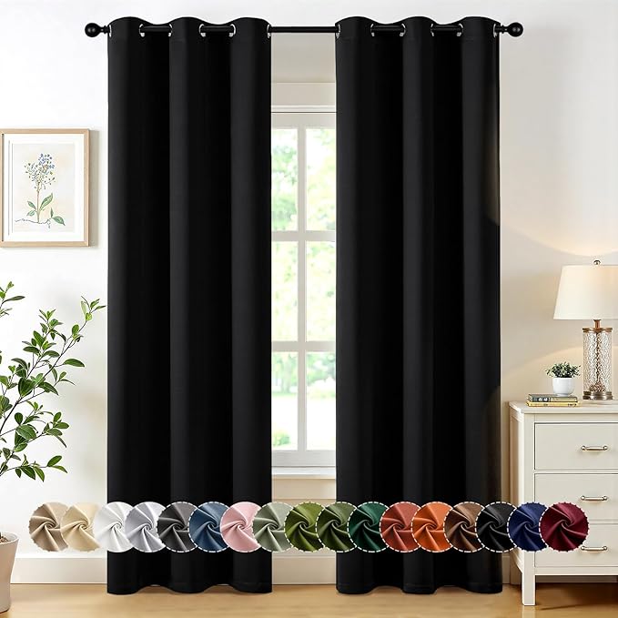 MIULEE Black Blackout Curtains for Bedroom Living Room 86 Inches Long 2 Panels, Thermal Insulated Room Darkening Drapes Solid Grommet Top Noise Reduction Light Blocking Window Treatments 40x86 Inch