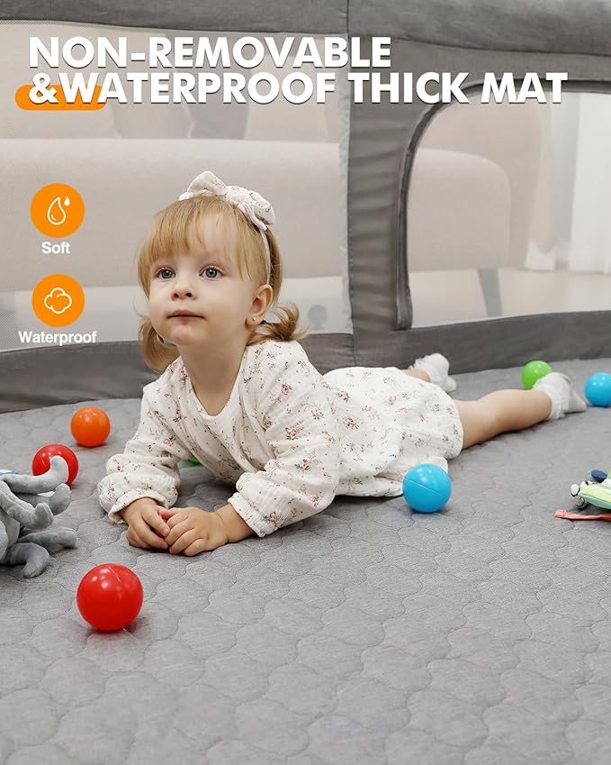 Foldable Baby Playpen with Non-Removable Thick Mat, Extra Large Collapsible Play Yard for Babies & Toddlers, Portable Travel Playpen with Gate, Safe Activity Center (51"×51" Grey)