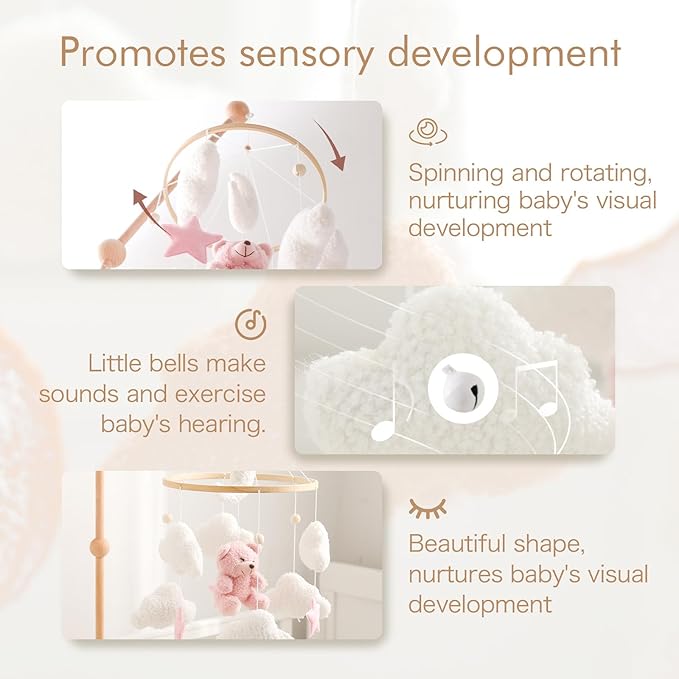EERKEOD Baby Crib Mobile Bear Nursery Mobile for Boys Girls Teddy Velvet Mobile Nursery Decor for Infant Bedroom Hanging Baby Mobile for Bassinet Newborn Baby Gift（Pink Bear）