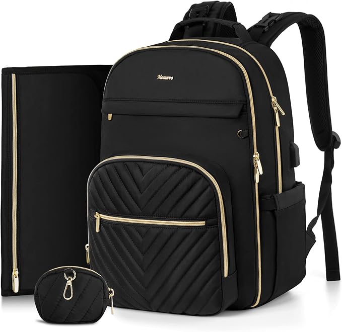 MOMUVO Diaper Bag Backpack, Quilted Baby Bag with Changing Pad & Stroller Straps & Pacifier Case, Large Travel Diaper Bags for Mom Dad, Black