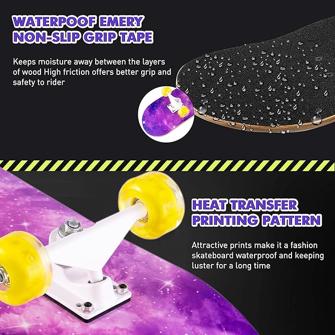 Skateboard,31 x 8 Inch Complete Skateboard, 8-Layer Maple Wood Deck Double Kick Standard Skateboards for Kids, Teens, Adult, Beginner