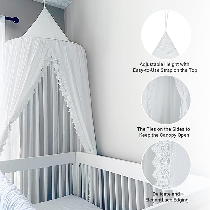 OldPAPA Kids Bed Canopy with Pom Pom Hanging Mosquito Net for Baby Crib Nook Castle Game Tent Nursery Play Room Decor，White