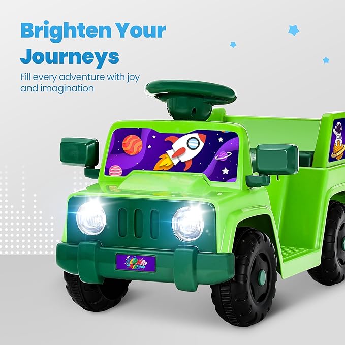 6V Toddler Ride On Car Interactive Electric Car with Horn LED Front Light Rear Storage Stellar Galaxy Theme Perfect for Boys & Girls 18+ Months Safe & Fun for Little Explorers(Green Space)