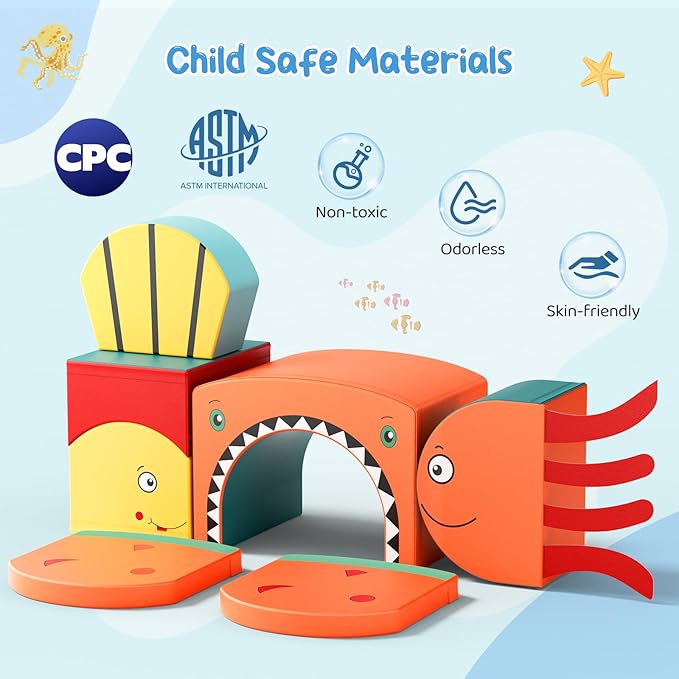 Lischwert Foam Climbing Blocks for Toddlers, Shark Theme Baby Climbing Blocks Soft Play Climbing for Toddlers with Foldable Block and Tunnel Indoor Climbing Toys for Toddler 1-3, 6 Pieces