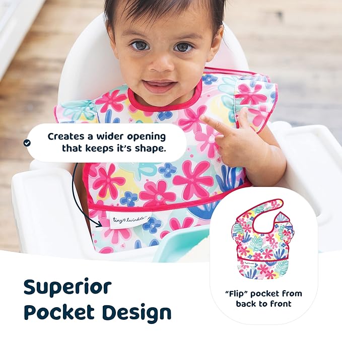 Tiny Twinkle Mess Proof Baby Bibs for Eating - Waterproof, Wipeable Bibs - Toddler Bibs - Travel Friendly - PFAS, PVC, BPA, Phthalate Free - Baby Food Bibs(3 Pack, Loved Girl)
